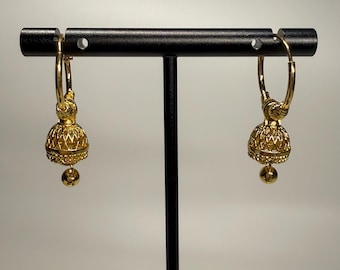 Indian 18k Mini Gold Plating Round Jhumka Jhumki Hoop Drop Earrings Chain Beads Small Size Traditional for Women, Occasion, Gift, Party