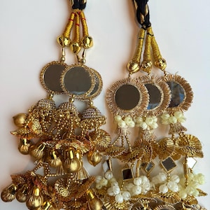 Indian Punjabi Traditional Long Gold Paranda Parandi Braid Accessories Wedding Hair Accessories Multicolor Mirror Design Women’s