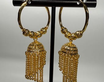 Indian 18k Gold Plated Jhumka Jhumki Hoop Drop Earrings Long Dangle Chain Beads Medium Size Traditional for Women, Occasion, Gift, Party