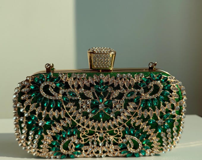 Hand Bag Dark Emerald Green & Gold Clutch for Weddings Special Occasion Women's Beaded Rhinestone Design with Gold Handle Extra Chain