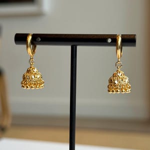Indian Mini 18k Gold Plated Jhumka Jhumki Extra Small Cute Huggie Drop Light Micro Earrings for Women Daily Wear, Occasion, Gift for Her