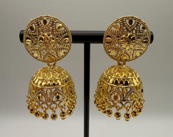 Indian 18k Gold Polish Jhumka Jhumki Stud Drop Earrings Medium Size Traditional Punjabi for Women, Occasion, Gift, Party