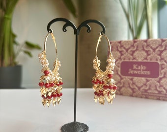 Indian Punjabi Gold Plated Multicolor Beads Jhumka Teal Red Black Bali Handmade Brass BaseHoop Earrings for Women Girls Gift