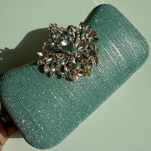 Evening Hand Bag Sparkly Light Blue Clutch for Weddings Special Occasion Women&#39;s Beaded Large Rhinestone Clasp Brooch Design with Strap
