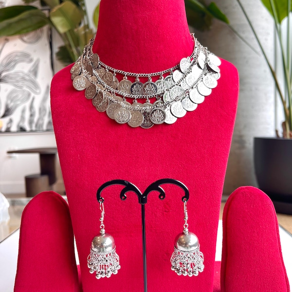 Indian Punjabi Jewelry Oxidized Silver Coin Plate Design Necklace & Earrings Set Any Occasion Wear