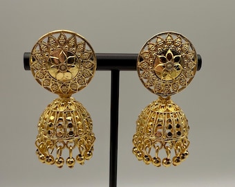 Indian 18k Gold Polish Jhumka Jhumki Stud Drop Earrings 1/2 inch Jhumka Traditional Punjabi for Women, Occasion, Gift, Party