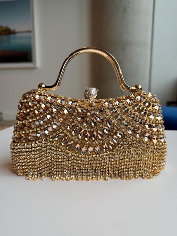Evening Hand Bag Gold Clutch for Weddings Special Occasion Women's Beaded Rhinestone Design with Hard Handle Extra Strap Purse
