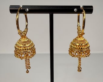 Indian 18k Gold Plated Jhumka Jhumki Hoop Drop Earrings Chain Beads Medium Size Traditional for Women, Occasion, Gift, Party