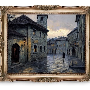 Cobblestone Street Digital Download Art, European Townscape Painting, Old World Impressionist Print, Printable Wall Art, Home Decor