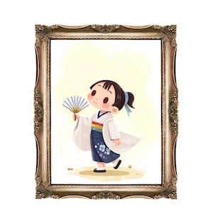 Japanese Girl Printable Wall Art, Kimono Art Print, Asian Kid Decor, Nursery Art, Instant Download, Home Decor, Kawaii Art