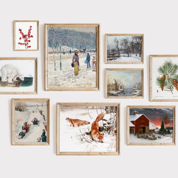 DIGITAL Winter Gallery Wall Set, Set of 9 Vintage Printable Art,  Snow Scene, Foxes, Polar Bear, Ice, Sledding Wall Art | GS-9-0005