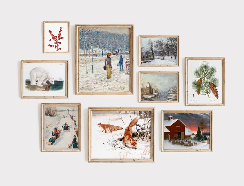 DIGITAL Winter Gallery Wall Set, Set of 9 Vintage Printable Art, Snow Scene, Foxes, Polar Bear, Ice, Sledding Wall Art GS-9-0005 image 1