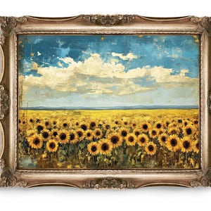 Sunflower Field Digital Downloads of Wall Art, Landscape Art Print, Rustic Country Wall Decor, Farmhouse Painting, Printable Art