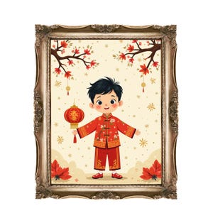 Chinese New Year Printable Wall Art, Boy in Traditional Outfit, Lunar New Year Decor, Instant Download, Kids Room Art
