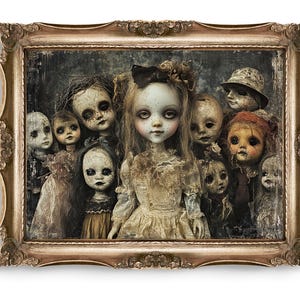 Decorazione da parete con bambola inquietante in stile vintage, stampa di bambole infestate, arredamento gotico, arte spettrale di Halloween, arredamento per la casa inquietante, download digitale