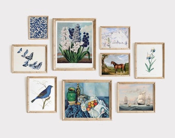 DIGITAL Blue Gallery Wall Set, Set of 9, Vintage Printable Art,  Living Room Decor, Blue Wall Art, Dining Room Art | GS-0001