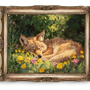 Impression d&#39;art coyote, coyote endormi, animal sauvage en téléchargement numérique, art floral coyote, art animalier, art de la nature, décoration murale, art imprimable