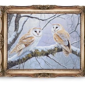 Barn Owl Winter Art, Snowy Birds Digital Download, Bird Lover Gift, Printable Owl Painting, Owl Home Decor, Wildlife Art Print