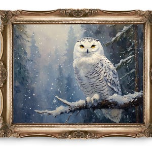 Snowy Owl Digital Download Art, Winter Scene Printable, Owl Portrait, Bird Wall Art, Forest Home Decor, Snowy Owl Illustration