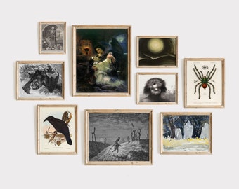 DIGITAL Halloween Gallery Wall Set, Set of 9 Vintage Printable Art,  Scary Art, Spooky Art, Gothic Art, Dark Academia | GS-9-0002