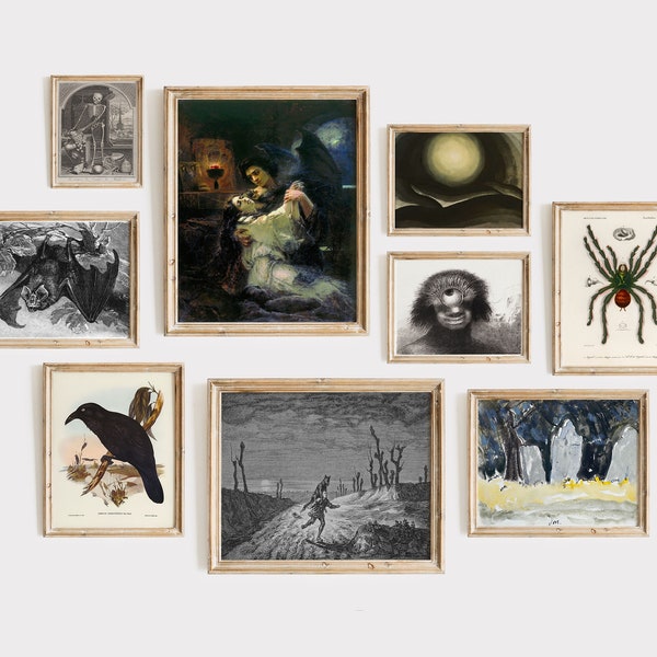 DIGITAL Halloween Gallery Wall Set, Set of 9 Vintage Printable Art,  Scary Art, Spooky Art, Gothic Art, Dark Academia | GS-9-0002