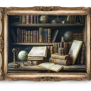 Antique Bookshelf Wall Art Digital Download, Vintage Library Print, Old Books Art, Printable Wall Art, Study Decor, Book Lover Gift