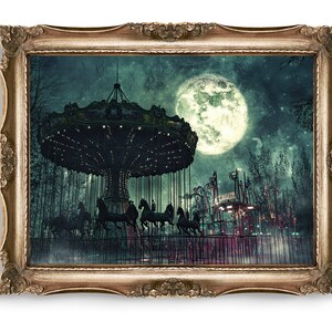 Vintage Gruselige Karussell Wandkunst, Gruselige Vollmond Druck, Dunkle Pferdefahrt Kunst, Haunted Rummelplatz Dekor, Grunge Karnevalszene