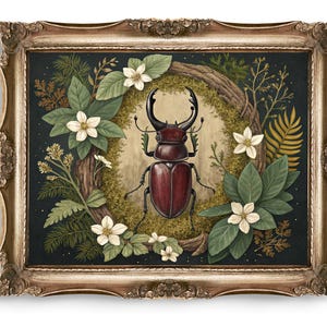 Stag Beetle Digital Wall Art, Insect Art Print, Vintage Beetle Illustration, Botanical Print, Home Decor, Printable Art, Bug Art, Nature Art
