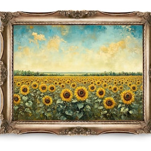 Sunflower Field Painting, Digital Downloads of Wall Art, Printable Sunflower Landscape, Farmhouse Decor, Summer Art Print, Nature Wall Art