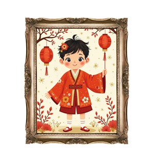 Chinese New Year Printable Wall Art, Boy with Lanterns, Lunar New Year Decor, Instant Download, Kids Room Art, Red Lantern Art