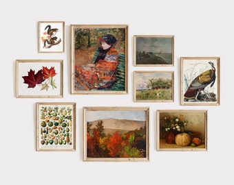 DIGITAL Autumn Gallery Wall Set, Set of 9 Thanksgiving Vintage Printable Art,  Fall Art, Leaves, Turkeys, Pumpkins | GS-9-0004