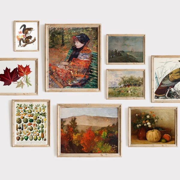 DIGITAL Autumn Gallery Wall Set, Set of 9 Thanksgiving Vintage Printable Art,  Fall Art, Leaves, Turkeys, Pumpkins | GS-9-0004