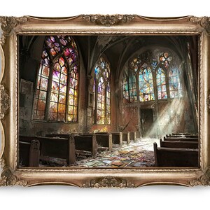 Vintage Creepy Wall Art, Gothic Church Print, Stained Glass, Abandoned Building Decor, Dark Academia Art, Printable Art, Instant Download