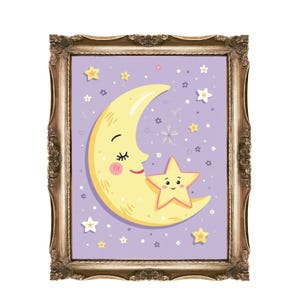 Moon Star Printable Wall Art, Kids Nursery Decor, Cute Celestial Print, Baby Room Art, Instant Download, Smiling Moon Star Art