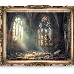 Vintage Creepy Church Wall Art, Stained Glass Print, Gothic Decor, Abandoned Building, Dark Academia, Home Decor, Cathedral Art