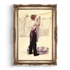 Retro Laundry Room Art Print, Man Hanging Laundry with Cat, Neutral Beige Laundry Room Wall Art, Instant Download | SF-0118