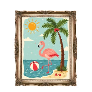 Flamingo Printable Wall Art for Kids, Nursery Decor, Tropical Art Print, Summer Beach Theme, Cute Animal Illustration, Instant Download