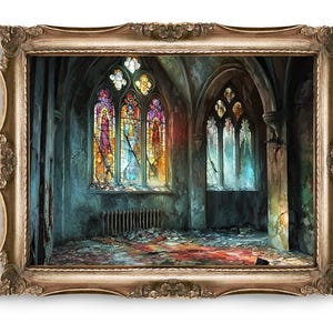 Art mural effrayant de style vintage, impression d&#39;église gothique en vitrail, décoration sombre, impression d&#39;art horreur, art du bâtiment abandonné, téléchargement numérique