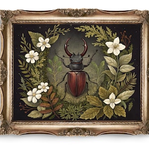 Stag Beetle Digital Art, Botanical Insect Print, Dark Academia Decor, Rustic Wall Art, Vintage Beetle Illustration, Bug Art Print
