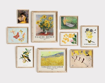 DIGITAL Yellow Gallery Wall Set, Set of 9 Vintage Printable Art Prints,  Van Gogh, Monet, Flower Art, Bird Prints | GS-9-0006