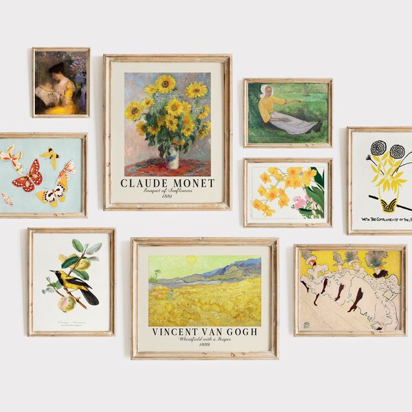 DIGITAL Yellow Gallery Wall Set, Set of 9 Vintage Printable Art Prints,  Van Gogh, Monet, Flower Art, Bird Prints | GS-9-0006