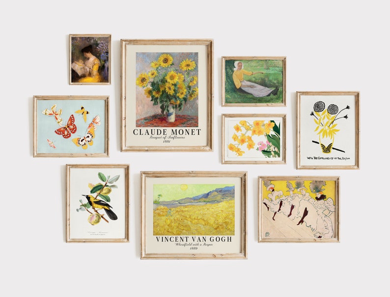 DIGITAL Yellow Gallery Wall Set, Set of 9 Vintage Printable Art Prints, Van Gogh, Monet, Flower Art, Bird Prints GS-9-0006 image 1