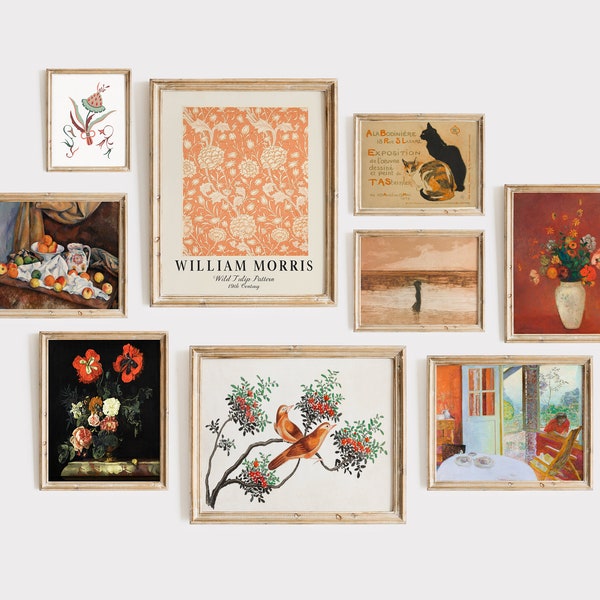 DIGITAL Terracotta Gallery Wall Set, Set of 9 Orange Vintage Printable Art Prints, Flower Art, Farmhouse Decor | GS-9-0007