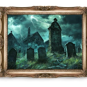 Vintage Creepy Graveyard Art, Spooky Wall Decor, Gothic Church Print, Stormy Cemetery Art, Dark Fantasy Halloween Home Decor