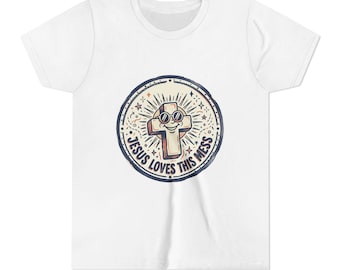 Jesus liebt dieses Mess-Jugend-T-Shirt | Süßer Kreuz Charakter, Retro Sunburst