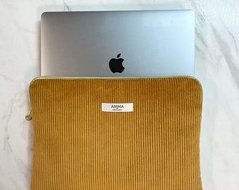 Mustard Corduroy computer cover - Handmade in France