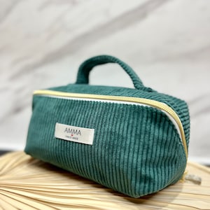 Trousse de toilette et maquillage velours côtelé Vert Sapin - Ouverture à plat