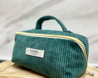 Fir Green corduroy toiletry and makeup bag - Flat opening