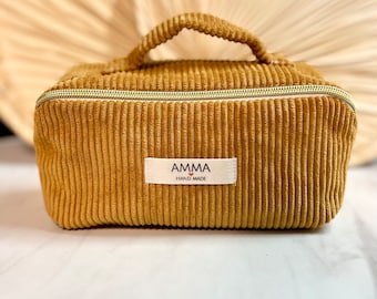 Corduroy beauty toiletry and makeup bag - Mustard - Flat opening for easy storage