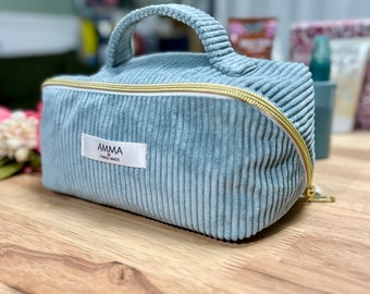 Corduroy toiletry and makeup bag - Opens flat for easy storage